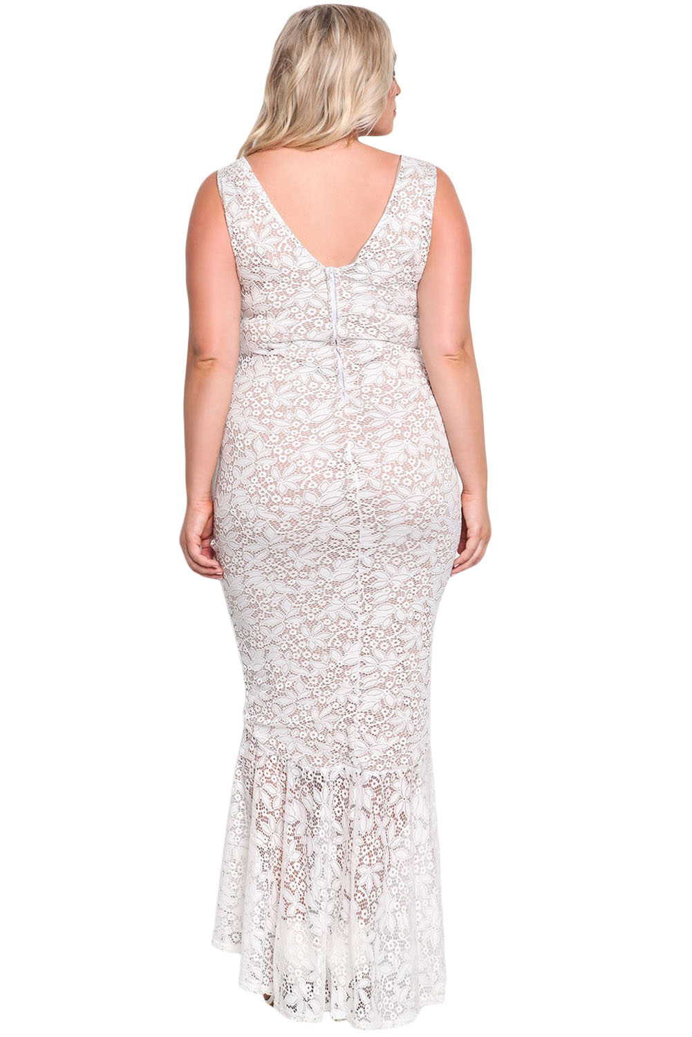 BY61689-1 White Plus Size Floral Lace Ruffle Mermaid Maxi Gown